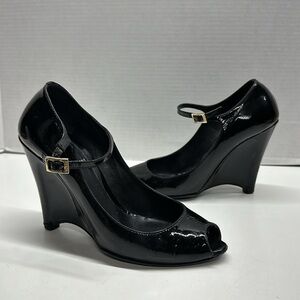 Fendi Wedges High Heel Shoes Shiny Patent Leather Peep Toe Black Size 38 US 8